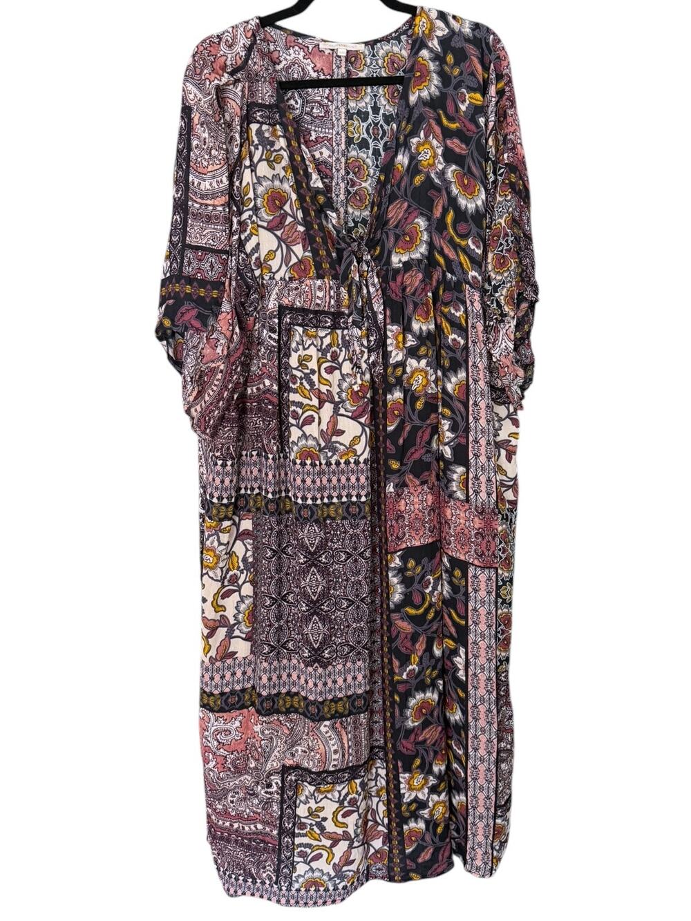 Olivaceous Rayon Kaftan Maxi Dress Women's S/M Patchwork V-Neck Slit Lightweight